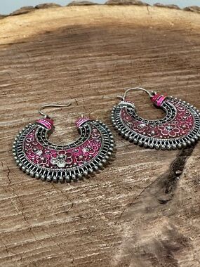 Pink Floral Silver-Tone Hoop Earrings